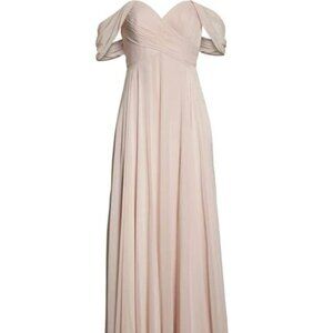 Dessy Collection Off-The-Shoulder Draped Chiffon Maxi Dress in Blush (size 0)